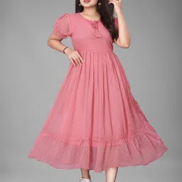 QENA Polka Dot Checked Puff Sleeve Georgette Fit & Flare Midi Dress-picture-26