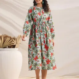 Janasya Blue Cotton Floral Print A-Line Dress image 4