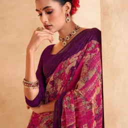Satrani Pink Printed Saree With Unstitched Blouse image 4