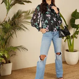 Marie Claire Black & Green Floral Print Top image 4