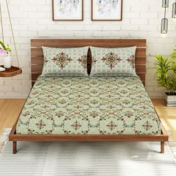 Spaces Green 210 TC Cotton Queen Bed Sheet with 2 Pillow Covers-picture-9
