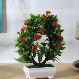 Foliyaj Multicolor Plastic Artificial U Shaped Bonsai Tree With Leaves And Roses-picture-45