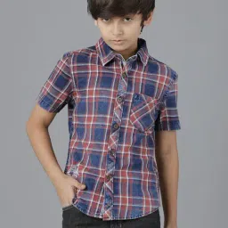 Under Fourteen Only Kids Blue & Red Cotton Chequered Shirt-image-4
