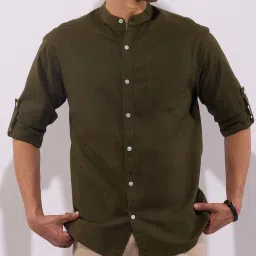 Hoversoul Green Cotton Regular Fit Long Sleeves Mandarin Collar Shirt image 4