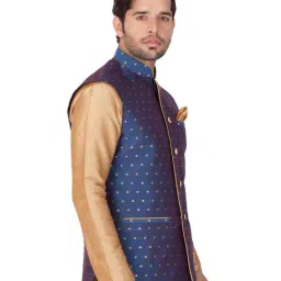 VASTRAMAY Navy Straight Fit Self Pattern Nehru Jacket image 2