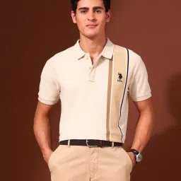 U.S. Polo Assn. Beige Cotton Slim Fit Colour Block Polo T-Shirt image 4