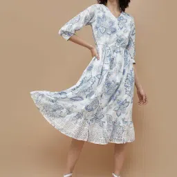 Colour Me by Melange White & Blue Cotton Printed A-Line Dress-image-37
