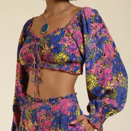 Label Ritu Kumar Blue Floral Crop Top With Palazzos image 5