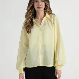 Elle Women Yellow Solid Collar Pure Cotton Shirt-image-4