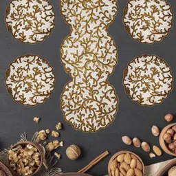 YWULY 5-Pcs White & Brown Ethnic Motifs Embellished Table Linen Set image 4