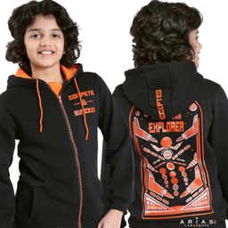 arias by lara dutta Arias Cotton Brushed Knit Full Sleeves Text Printed Front Open Hooded Sweatshirt - Black-picture-12