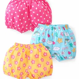 Babyhug 100% Cotton Knit Bloomers Polka Dots & Floral Print Pack of 3 - Pink Yellow & Blue-image-89