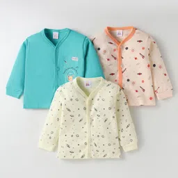 Mini Donuts Interlock Knit Full Sleeves Front Open Vests With Space Theme Print Pack of 3 - Turquoise Peach & Lime Green-image-80