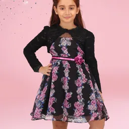 Cutecumber Full Sleeves Floral Printed Bolero Style Dress With Belt - Black & Pink-picture-24
