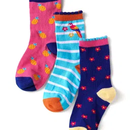 Cute Walk By Babyhug Knit Ankle Length Anti-Bacterial Socks with Stripes & Floral Design Pack of 3 - Pink& Navy Blue-picture-30