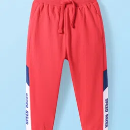 Babyhug Terry Knit Full Length Track Pants with Sport Theme Text Print - Red-picture-11
