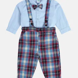 MINI KLUB Cotton Checked Dungaree With Full Sleeves Shirt & Bow Set - Blue-picture-15