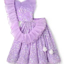 Babyhug Woven Sleeveless Choli Lehenga Set & Dupatta With Sequin Floral Embroidery & Lace Detailing - Lavender-picture-27