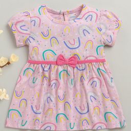 BUMZEE Cotton Knit Half Sleeves Frock With Rainbow Print & Bow Applique - Pink-picture-47