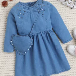 Bright Stars KIDSWEAR Denim Woven Full Sleeves Pearls Embellished Dress With Sling Bag Set - Blue-picture-18