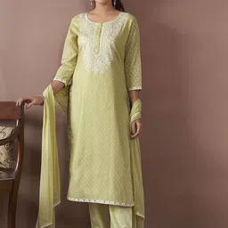 Anouk Paisley Embroidered Thread Work Pure Cotton Straight Kurta With Trousers & Dupatta-image-36