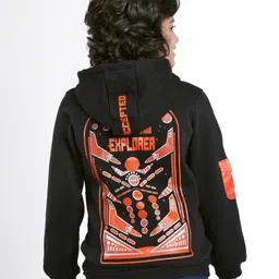 arias by lara dutta Arias Cotton Brushed Knit Full Sleeves Text Printed Front Open Hooded Sweatshirt - Black image 4