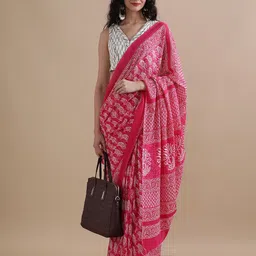 Jaipur Kurti Floral Printed Pure Cotton Saree-image-56