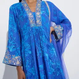 Vark by Westside Blue Printed A-Line Kurta, Palazzos and Dupatta Set image 4