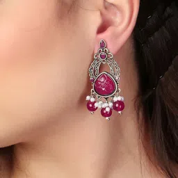 Sangria Silver-Plated Stones Studded & Beaded Floral Shaped Oxidised Drop Earrings image 4