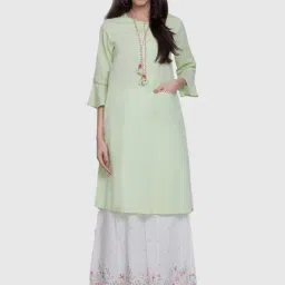 Biba Green Cotton Printed A Line Kurta-image-83