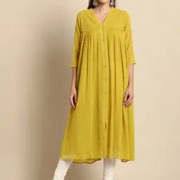 Janasya Women's Mustard Poly Chiffon Self Design Frontslit Kurta-picture-45