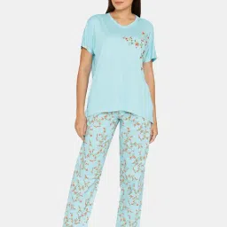Zivame Blue Floral Print Top With Pyjamas-picture-14