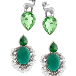 Zaveri Pearls Set of 2 Green Dazzling Stones Fusion Wear Drop Earrings-ZPFK18313 image 4