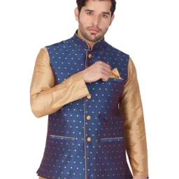 VASTRAMAY Navy Straight Fit Self Pattern Nehru Jacket image 3