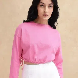RAREISM Pink Cotton Solid Long Sleeves Top-picture-21