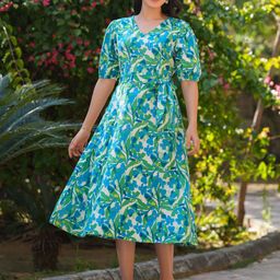 Janasya Floral Print Puff Sleeve Fit & Flare Midi Dress-picture-14