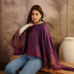 Sangria Women Floral Embroidered Boat Neck Batwing Sleeve Cape Top image 4