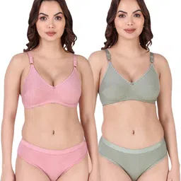 samvar Women Pink,Green Cotton Bra Panty Set for Lingerie Set Undergarments Pack of 2-picture-12