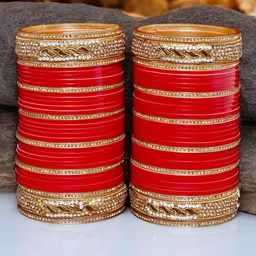 LUCKY JEWELLERY Red & White CZ Studded Bangles Set image 3