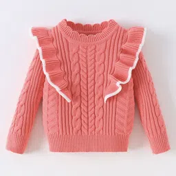 Kookie Kids Full Sleeves Pullover Sweater with Cable Knit Design- Pink image 1