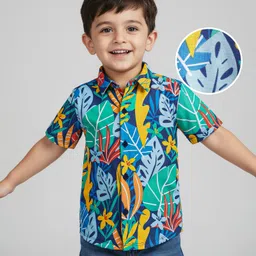 Babyhug Cotton Knit Half Sleeves Shirt With Floral & Leaf Print - Blue-picture-34