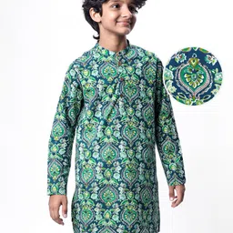 Pine Kids Cotton Woven Full Sleeves Kurta & Pyjama With Floral Print - Dark Green-picture-40