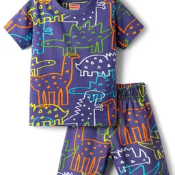 Babyhug Cotton Knit Half Sleeves Shorts Co-ord Night Suit With Dino Print - Purple-picture-23
