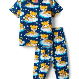 Babyhug Cotton Knit Half Sleeves Co-Ord Night Suit With AnimalPrint - Navy Blue-picture-33