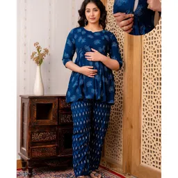 CeleBravo Rayon Three Fourth Sleeves Floral Printed Maternity Kurta With Nursing Access & Pant Set - Teal Blue-picture-28