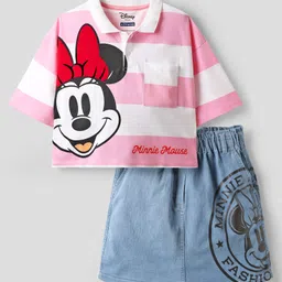 Pine Kids Disney Single Jersey Half Sleeves Drop Shoulder Top & Denim Skirt with Minnie Mouse Graphics & Color Block Design - White & Pink-picture-15