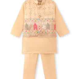 Ridokidz Full Sleeves Solid Kurta Pyjama With Ethnic Thread Work Embroidered & Sequins Embellished Jacket Set - Cream-picture-27