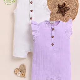 Cot & Candy Organic Cotton Muslin Knit Pack Of 2 Frill Sleeves Solid Rompers - Milk & Lilac-image-36