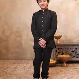 AJ Dezines Jacquard Woven Full Sleeves Geometric Printed Sherwani & Pant Set - Black image 1