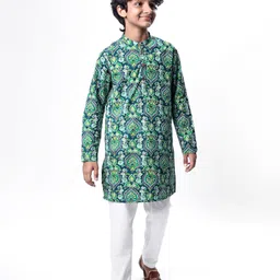 Pine Kids Cotton Woven Full Sleeves Kurta & Pyjama With Floral Print - Dark Green image 2